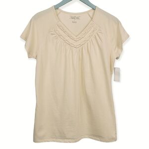 Crystal Kobe Cream‎ Colored Embellished V-Neck Cotton Tee New! Small